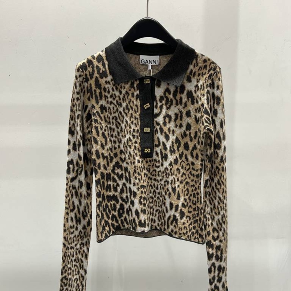 Ganni Animal Print Long Sleeve Top with Black Collar